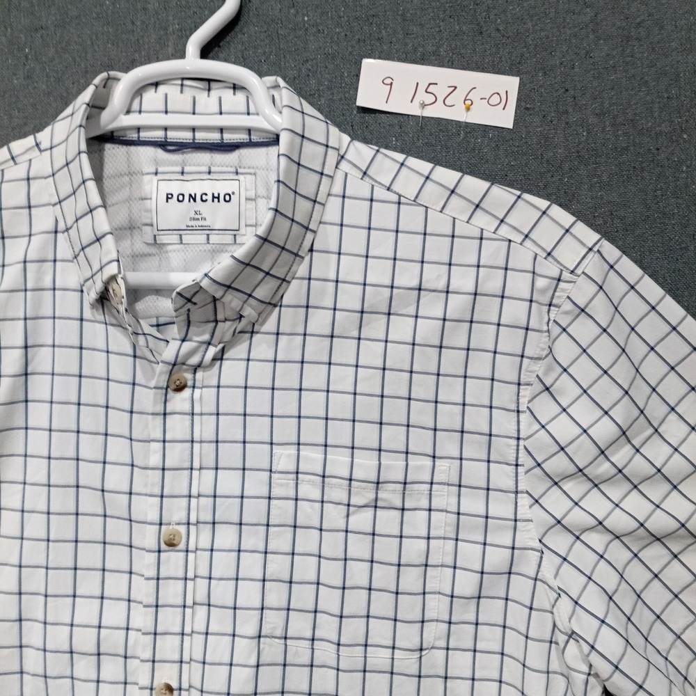 Poncho Mens XL Slim Fit Short Sleeve Button Down Shirt White Navy Performance